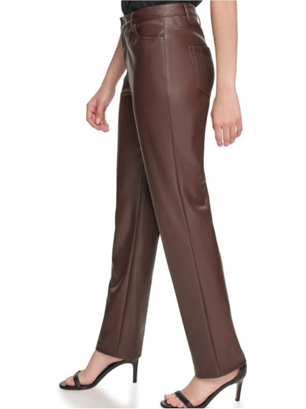Calvin Klein Women's Brown Faux Leather Straight-Leg Jeans
